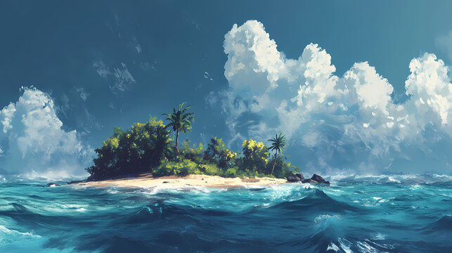 A survival game with the player stranded on a deserted island surrounded by realistic holographic waves and weather effects. Deserted Island. Illustration