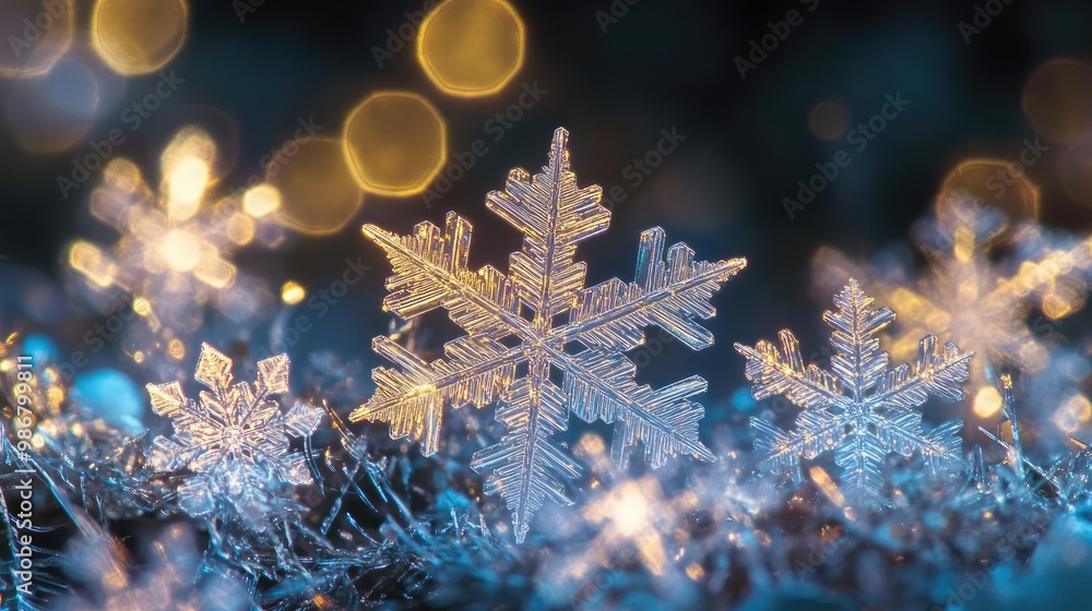 Poster close-up of delicate snowflakes glistening in soft winter light, creating a magical and festive atmo