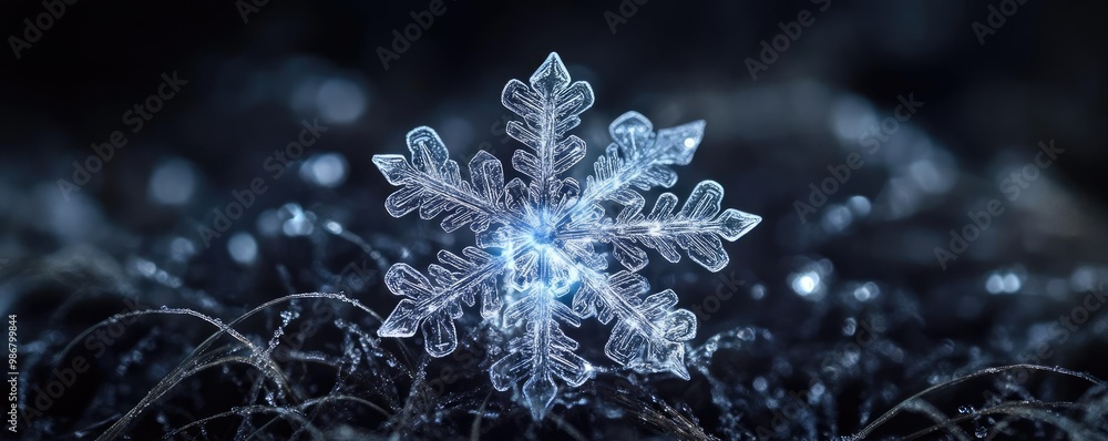 Poster A detailed macro shot of a delicate snowflake resting on a dark surface, showcasing its unique crystalline structure.