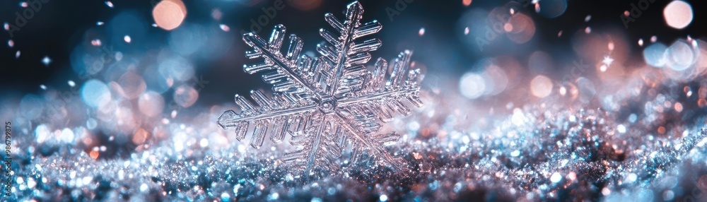 Poster a beautiful snowflake resting on glittery ice, capturing the essence of winter with shimmering bokeh