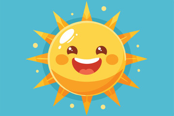 This artwork features a joyful sun character with a big smile, surrounded by sunny rays and a blue sky, Customizable illustration of a happy sun that is disproportionate.
