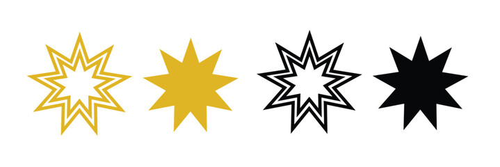 Bahai star. Black linear Bahai symbol. Religious symbol of Bahaism. Vector illustration.