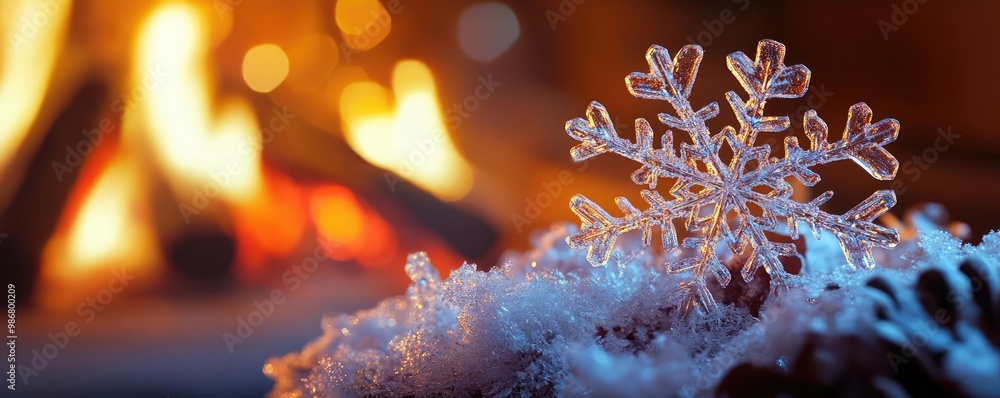 Poster A delicate snowflake resting on a snowy surface, illuminated by warm, flickering firelight, creating a cozy winter atmosphere.