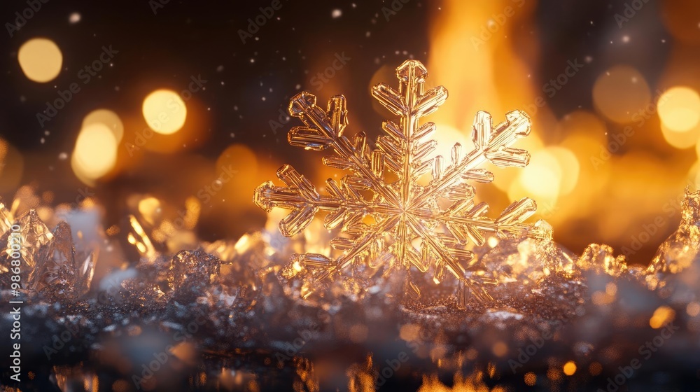 Poster a sparkling snowflake rests on a shimmering surface, illuminated by warm golden lights, evoking a ma