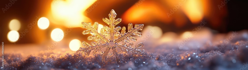 Poster A delicate snowflake rests on a soft layer of snow, illuminated by warm, glowing lights from a nearby fire.