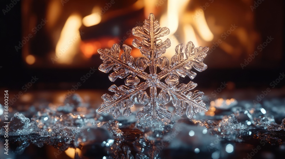 Poster a close-up of a beautiful snowflake resting on ice, with a warm fireplace in the background, creatin