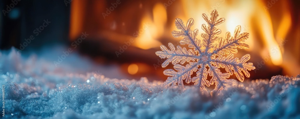 Poster a delicate snowflake resting on soft snow, illuminated by a glowing fireplace creating a cozy winter