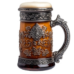 Ornately Engraved Pewter Lid Beer Stein on White Background