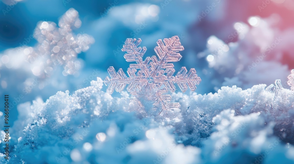 Poster Beautiful snowflake resting on a blanket of frost, showcasing intricate patterns and the delicate sparkle of winter.