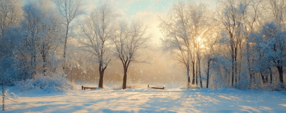Poster a serene winter landscape with snow-covered trees and soft sunlight filtering through the frosty atm