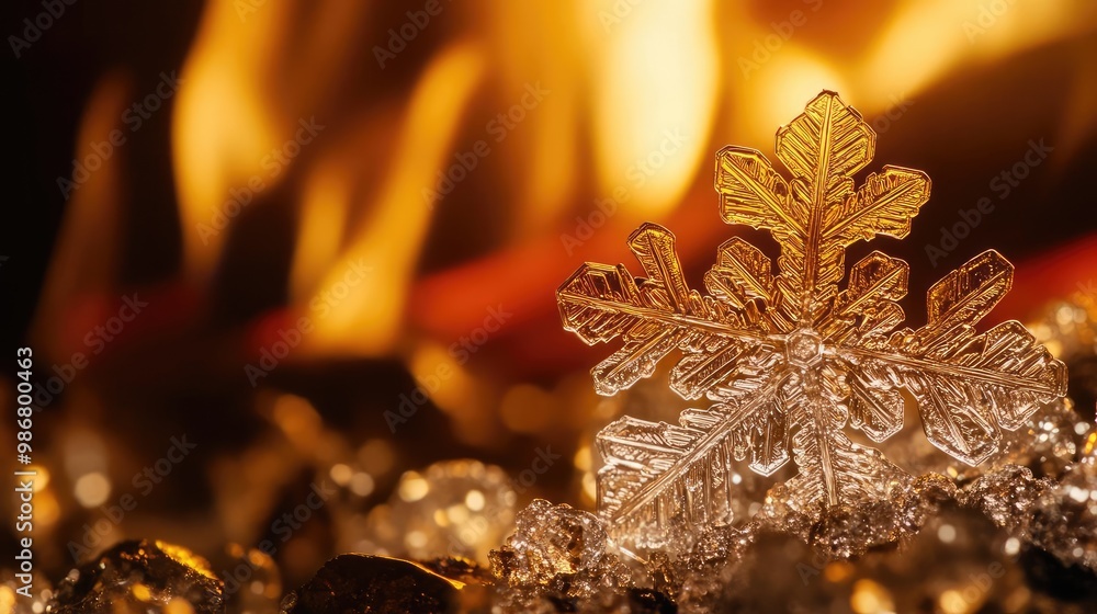 Poster A mesmerizing blend of ice and fire, featuring a delicate snowflake illuminated by a warm, glowing flame in the background.