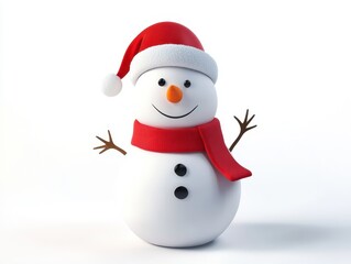 Fototapeta premium Cheerful snowman wearing a red hat and scarf, ideal for holiday themes and winter celebrations, bringing festive joy.