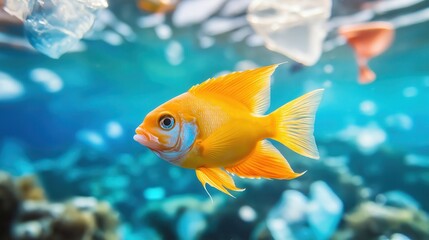 Naklejka premium A mesmerizing image showcasing a vibrant yellow tropical fish swimming gracefully through a stunning underwater coral reef ecosystem filled with captivating colors fluid movements and a serene