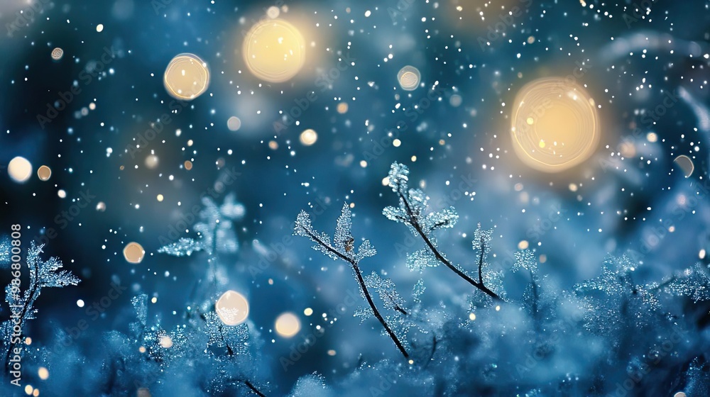 Poster a serene winter scene featuring snowflakes, soft lights, and frosted branches, creating a magical at