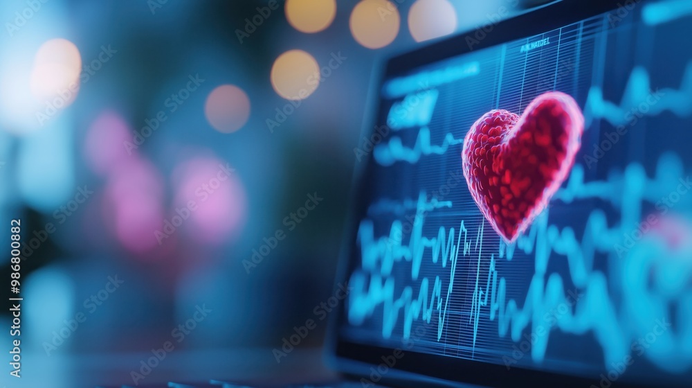 Poster beating heart rhythm and vital signs displayed on a digital medical monitor or dashboard screen with