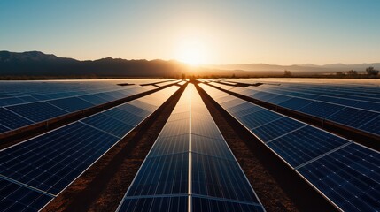 Aerial view of an expansive solar energy farm with rows of blue photovoltaic panels arranged in a geometric pattern across a rural landscape