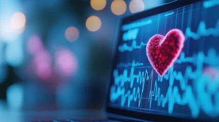 Beating heart rhythm and vital signs displayed on a digital medical monitor or dashboard screen with abstract data charts graphs and financial analytics in a dark futuristic technology background