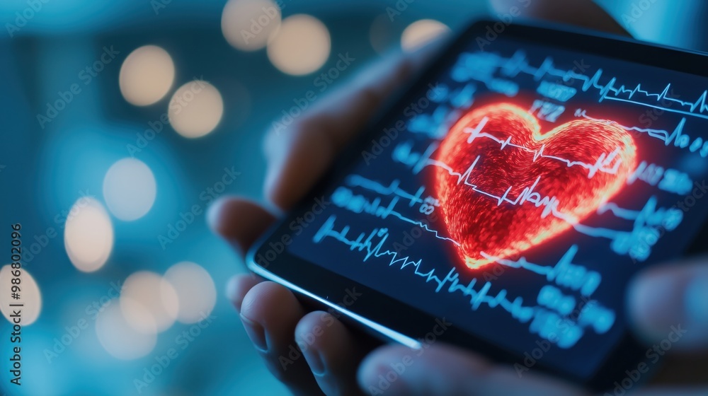 Poster closeup view of a digital heartbeat monitor device displaying real time vital signs medical data and