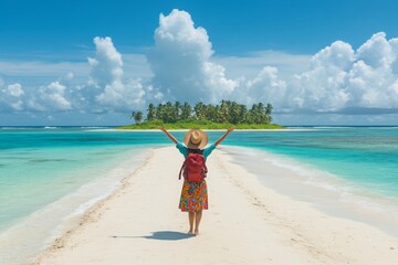 A vibrant beach scene depicting a lone traveler standing on a pristine white sand path that leads to a lush green island in the background. Dressed in a colorful skirt, a red backpack, and a wide-brim