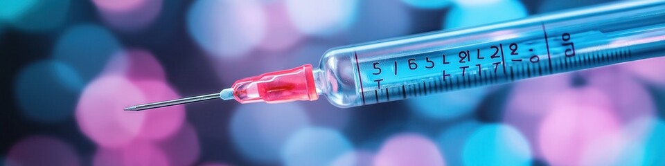 Closeup view of a medical syringe filled with liquid medicine for injection or vaccination treatment  The syringe contains a pharmaceutical drug or serum for therapeutic preventive