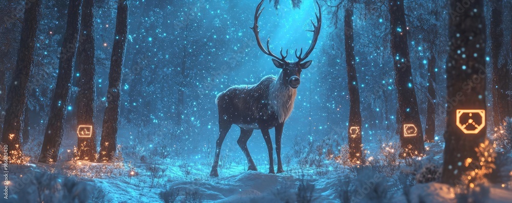 Poster a majestic deer stands in a snowy forest, illuminated by soft blue light, creating a serene and magi