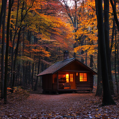 A wooden cabin surrounded autumn trees in a forest with leaves scattered on the ground, the cabin is lit softly from the inside, symbolizing warmth as the days start to shorten during the equinox