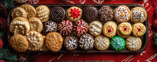 Delicious assortment of festive cookies arranged beautifully on a tray, perfect for holiday celebrations and gatherings.