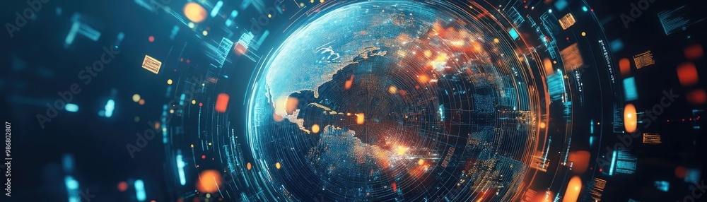 Poster A mesmerizing view of Earth surrounded by vibrant data streams, symbolizing the fusion of technology and nature in a digital universe.