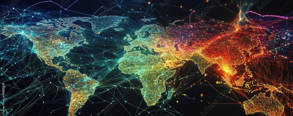 Poster A vibrant global map showcasing interconnected networks and data flow, embodying technology and innovation across continents.