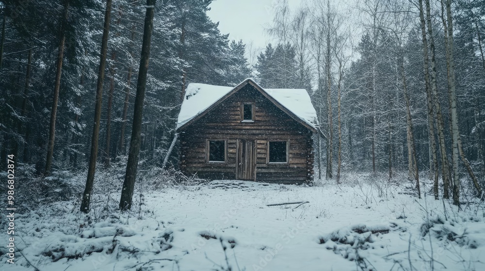 Poster a rustic wooden cabin surrounded by snow-covered trees, creating a tranquil winter scene in a remote