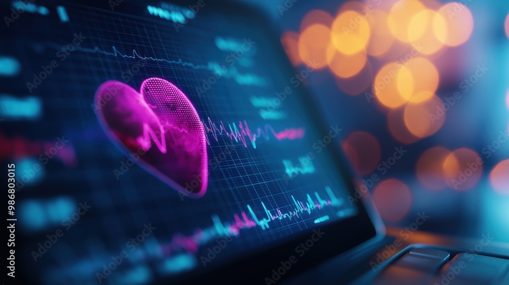 Poster glowing pink heart shaped cardiogram pulsing on a digital screen with abstract blurred background of