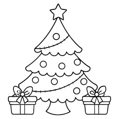 Christmas Tree Coloring Page:  A simple yet charming outline of a Christmas tree adorned with ornaments and a star on top, with two gift boxes at its base, perfect for coloring and holiday fun. 