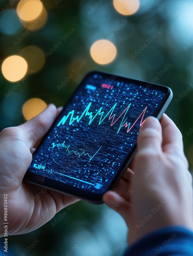 Poster mobile phone screen showing financial market data exchange graph investment trend line and data visu