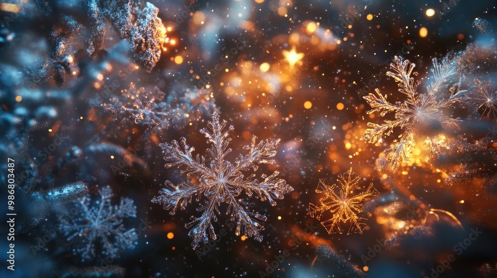 Poster beautiful winter scene with shimmering snowflakes and warm glowing lights creating a magical atmosph