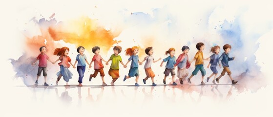 Obraz premium Playful Children Running in Watercolor Style