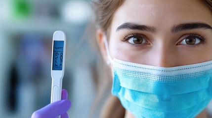 Portrait of a young Caucasian woman wearing a protective face mask and checking her temperature with a digital thermometer while in a medical office or healthcare facility