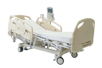 A modern hospital bed with adjustable features, designed for patient comfort and care in healthcare facilities.