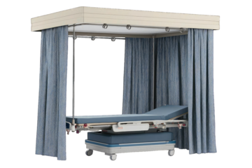 A modern hospital examination room featuring a medical bed with curtains, providing privacy and comfort for patients.