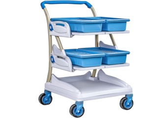 A modern medical cart with blue storage bins, ideal for healthcare settings, efficiently organized for easy access to supplies.