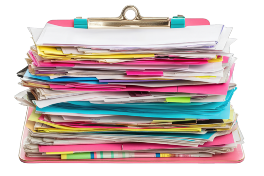 A colorful stack of papers and documents organized in a clipboard, showcasing vibrant office supplies and paperwork.
