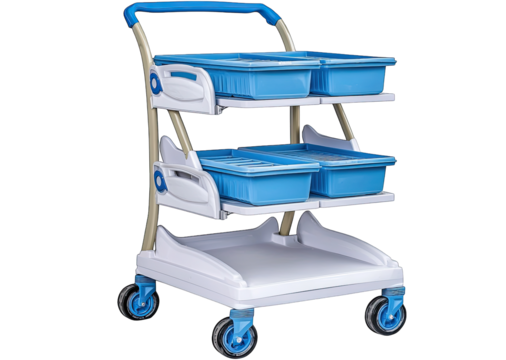 A modern medical cart with blue storage bins, ideal for healthcare settings, efficiently organized for easy access to supplies.