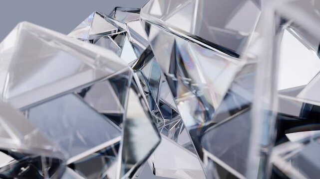 Modern background with polygonal crystals. A geometric gemstone surface in abstract 3D. Diamond reflection crystals are animated in the background -zoom-in effect.
