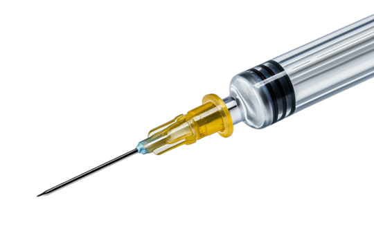 Close-up image of a syringe with a yellow hub and sharp needle, ideal for healthcare and medical-related projects.