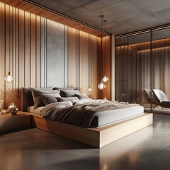 A luxurious bedroom interior featuring a comfortable bed with decorative pillows, elegant furniture, a stylish lamp by the window, and a cozy carpet