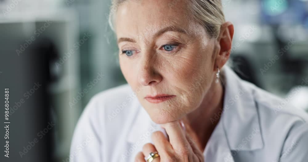 Poster Mature, scientist and online for reading in lab for experimental data, digital innovation and research documentation. Woman, internet and thinking for science, medical analysis and simulation results