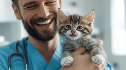 A joyful veterinarian holds a playful kitten, showcasing their bond in a cheerful clinic environment.