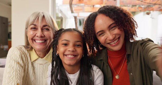 Face, senior mother and selfie of daughter with child in home for happy family memory together. Portrait, mom and grandmother laugh with girl for picture, interracial and generations with adopted kid