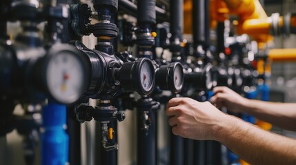 Naklejka premium Engineer adjusting valves on industrial piping system