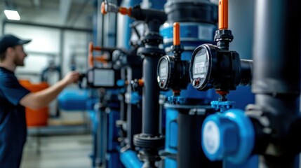 Fototapeta premium Engineer adjusting valves on industrial piping system