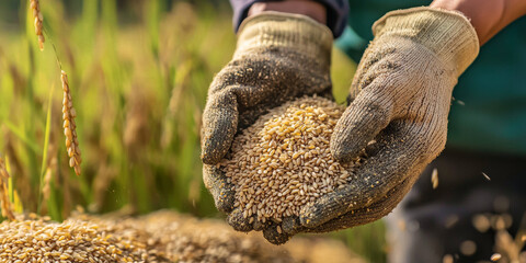 A close up of the hands and arms of an Asian farmer in a gray shirt, wearing work gloves, carefully picking up rice grains from their heads to show them off, generative AI